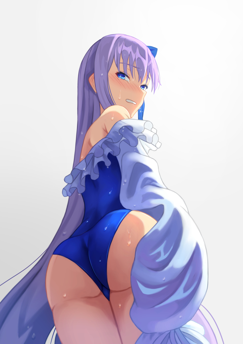 1girl, absurdres, ass, back, bare_shoulders, blue_eyes, blue_ribbon, blush, breasts, fate/grand_order, fate_(series), frilled_one-piece_swimsuit, frills, gradient_background, hair_ribbon, highleg, highleg_one-piece_swimsuit, highres, long_hair, long_sleeves, looking_at_viewer, looking_back, meltryllis, meltryllis_(fate), meltryllis_(swimsuit_lancer)_(fate), meltryllis_(swimsuit_lancer)_(second_ascension)_(fate), off-shoulder_one-piece_swimsuit, off_shoulder, one-piece_swimsuit, puffy_sleeves, purple_hair, ribbon, sleeves_past_fingers, sleeves_past_wrists, small_breasts, swimsuit, very_long_hair, wet, white_ribbon, woong.i