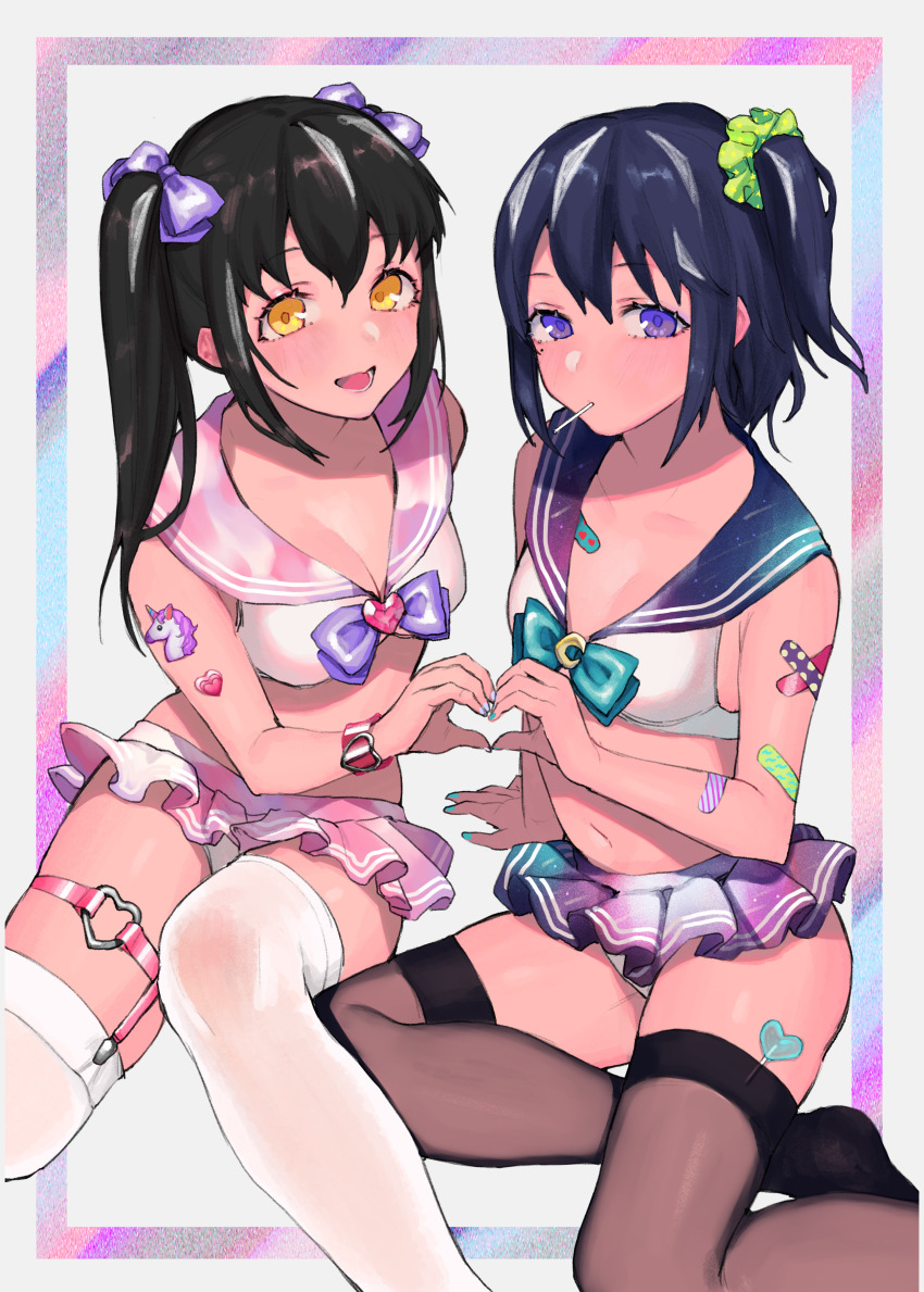 2girls, :d, absurdres, arm_support, armpit_crease, bandaid, bandaid_on_arm, bare_arms