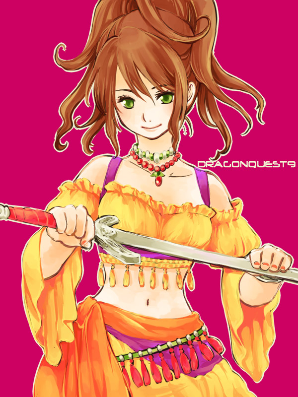 brown_hair, detached_sleeves, dragon_quest, dragon_quest_ix, dress, green_eyes, hair_up, heroine_(dq9)