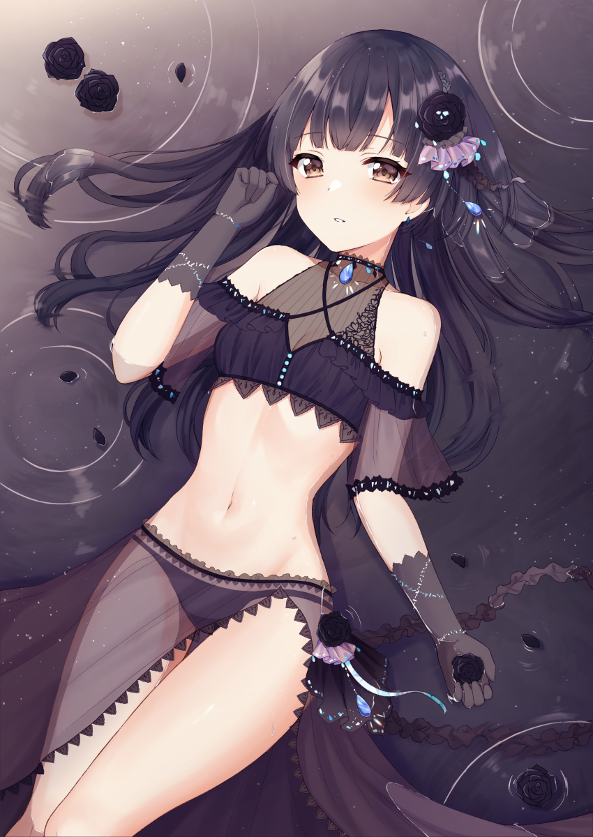 1girl, absurdres, black_bra, black_flower, black_gloves, black_hair, black_panties, black_rose