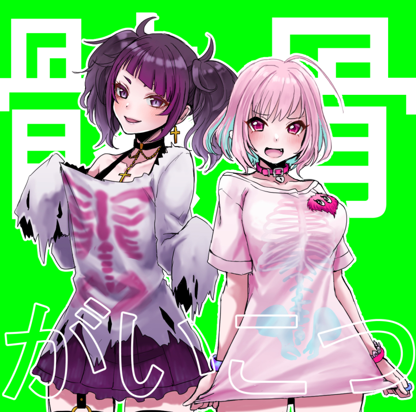 2girls, :d, ahoge, black_choker, blouse, blue_hair, choker, clothes_pull