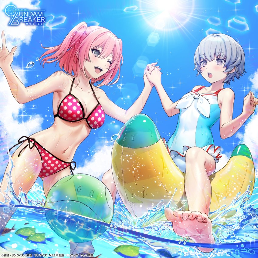 2girls, absurdres, artist_request, banana_boat, bare_arms, bare_shoulders, barefoot, bikini, blue_sky, cloud, commentary_request, day, fish, green_hair, gundam, gundam_breaker_mobile, halterneck, highres, holding_hands, interlocked_fingers, kotomori_ren, lens_flare, miyama_sana, multiple_girls, navel, official_art, one-piece_swimsuit, one_eye_closed, open_mouth, outdoors, pink_bikini, pink_hair, polka_dot, polka_dot_bikini, short_hair, side-tie_bikini_bottom, sky, sun, sunlight, swimsuit, two_side_up, wading, water, wet