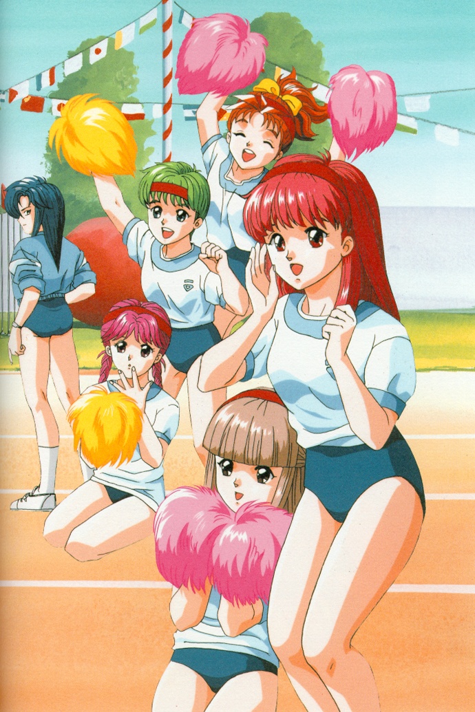 1990s_(style), 6+girls, :d, ^_^, blunt_bangs, braid, brown_eyes, brown_hair