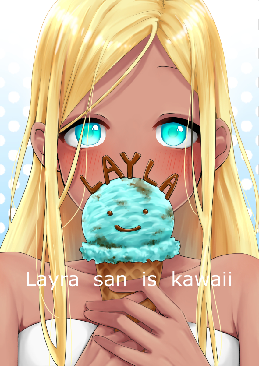 1girl, bare_shoulders, blonde_hair, blue_eyes, blush, collarbone, covered_mouth, dark_skin