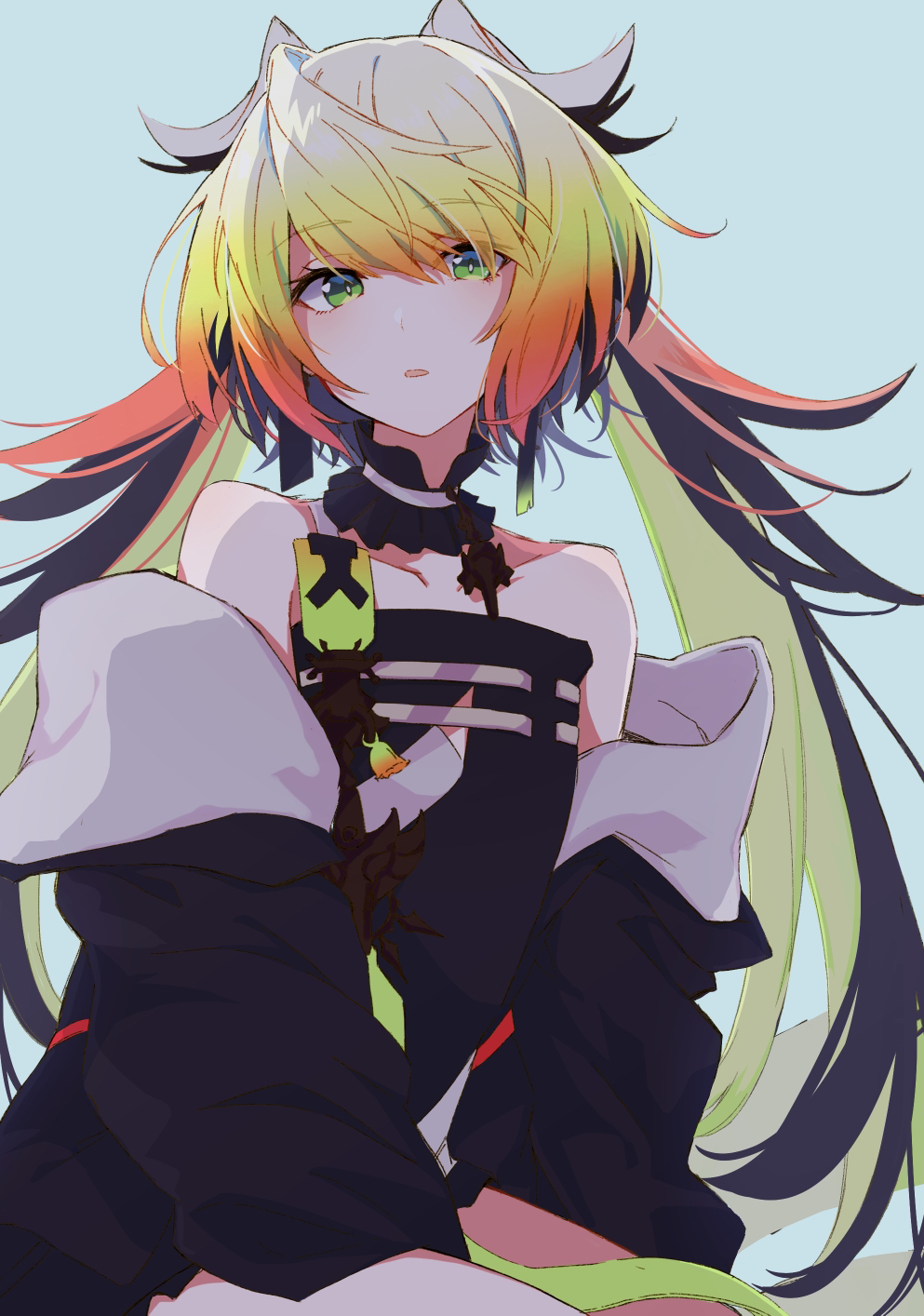 androgynous, black_coat, black_dress, black_hair, blonde_hair, blue_background, coat, commentary