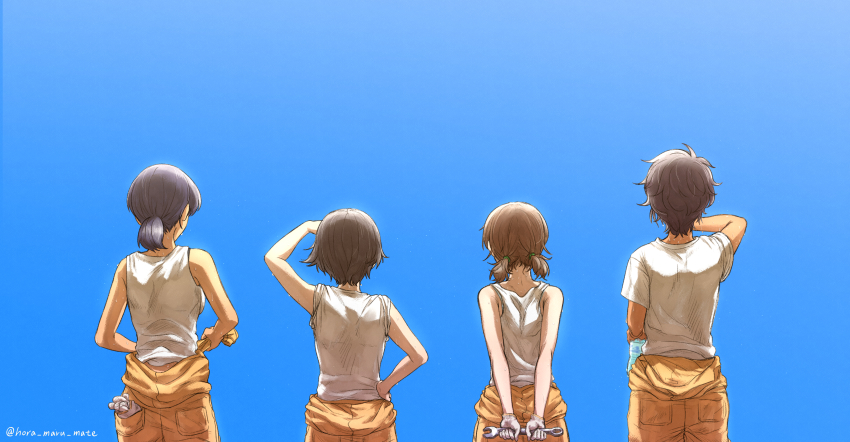 4girls, absurdres, adjusting_sash, alternate_hairstyle, arms_behind_back, black_hair, blue_sky, bottle
