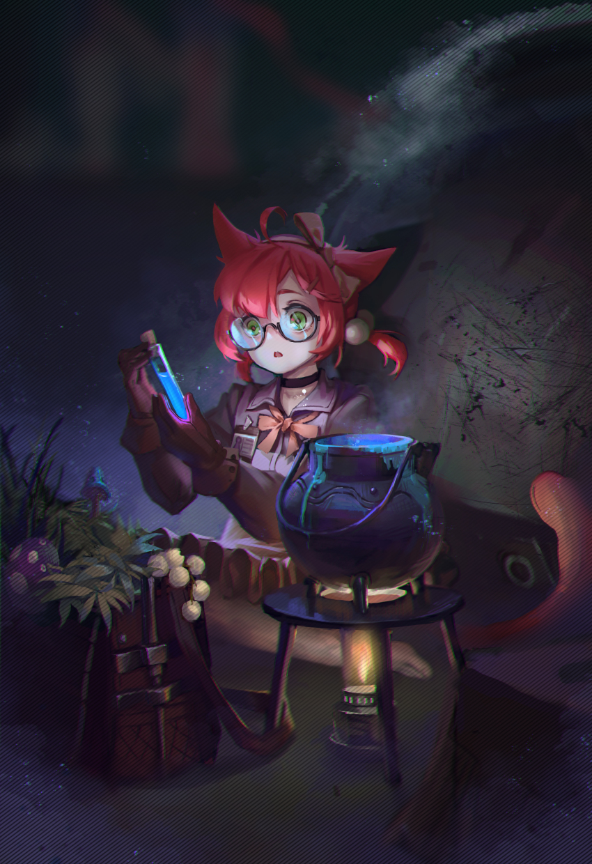 1girl, absurdres, animal_ears, arknights, blue_mushroom, brown_gloves, fox_ears, fox_tail