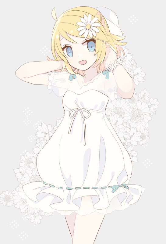 1girl, adjusting_hair, arms_behind_head, blonde_hair, blue_eyes, bracelet, cowboy_shot, daisy_(flower), dress, floral_background, flower, flower_bracelet, frilled_dress, frills, grey_background, hair_flower, hair_ornament, hands_up, jewelry, kagamine_rin, kagamine_rin_(fairy_dress), looking_at_viewer, open_mouth, project_diva_(series), short_hair, simple_background, smile, solo, vocaloid, white_dress, yoshiki