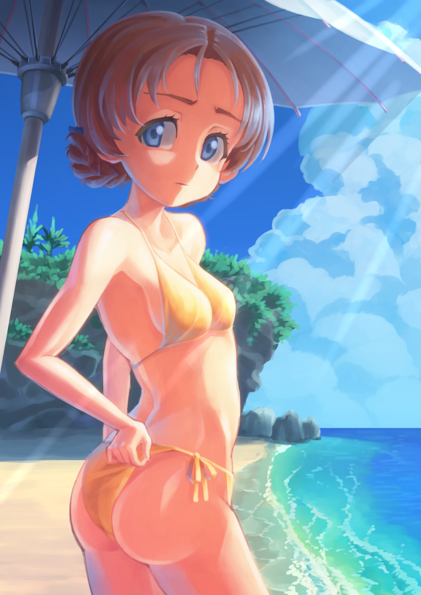 1girl, absurdres, adjusting_clothes, adjusting_swimsuit, ass, beach, beach_umbrella, bikini