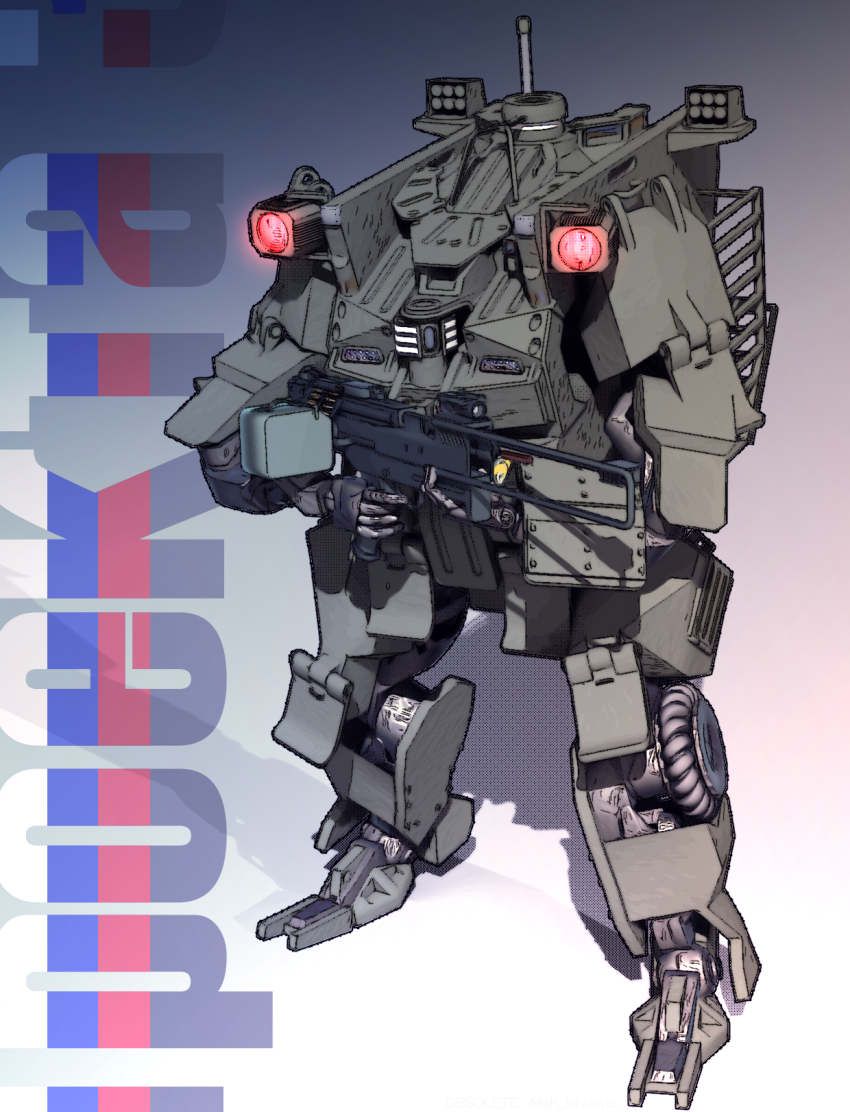 gun, highres, holding, holding_gun, holding_weapon, ishiwata_makoto, looking_to_the_side, mecha