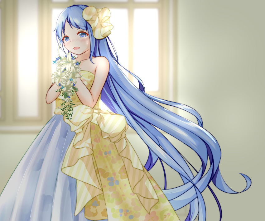 artist_request, bad_id, bad_pixiv_id, blue_eyes, blue_hair, collarbone, dress, flower