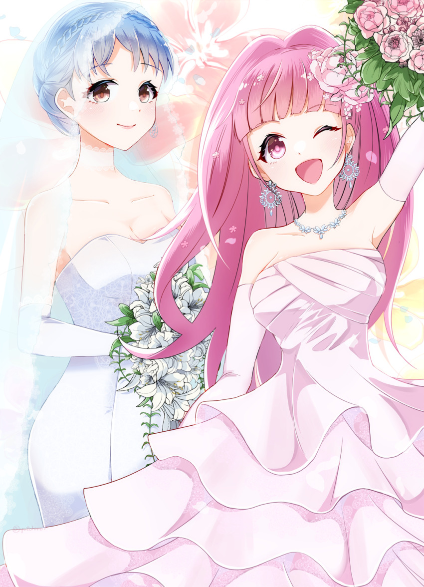 2girls, arm_up, blue_hair, blunt_bangs, bouquet, braid, breasts, bride, brown_eyes, cleavage, closed_mouth, commentary_request, crown_braid, dress, earrings, elbow_gloves, female_focus, fire_emblem, fire_emblem:_three_houses, flower, gloves, highres, hilda_valentine_goneril, hilda_valentine_goneril_(timeskip), holding, holding_bouquet, jewelry, long_hair, marianne_von_edmund, marianne_von_edmund_(timeskip), matching_hair/eyes, multiple_girls, necklace, nintendo, one_eye_closed, open_mouth, pink_eyes, pink_hair, ponytail, smile, wedding_dress, white_dress, white_gloves, wife_and_wife, wink, yuri, yutohiroya