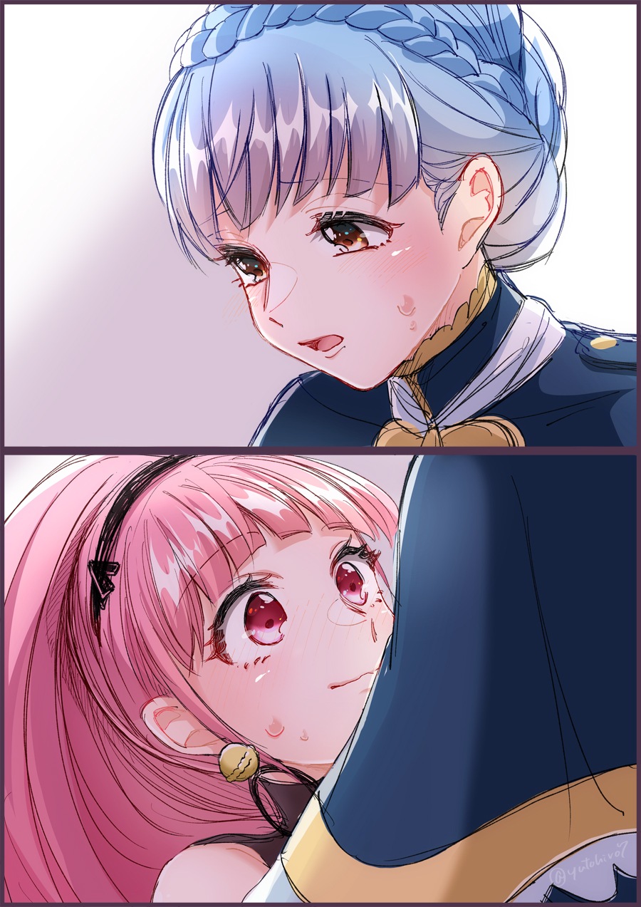 2girls, blue_hair, braid, brown_eyes, closed_mouth, crown_braid, earrings, fire_emblem