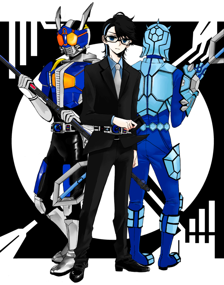 2boys, belt, formal_clothes, glasses, kamen_rider, kamen_rider_den-o, kamen_rider_den-o_(rod_form), kamen_rider_den-o_(series), male_focus, multiple_boys, nogami_ryoutarou, suit, urataros, uratarosu, weapon