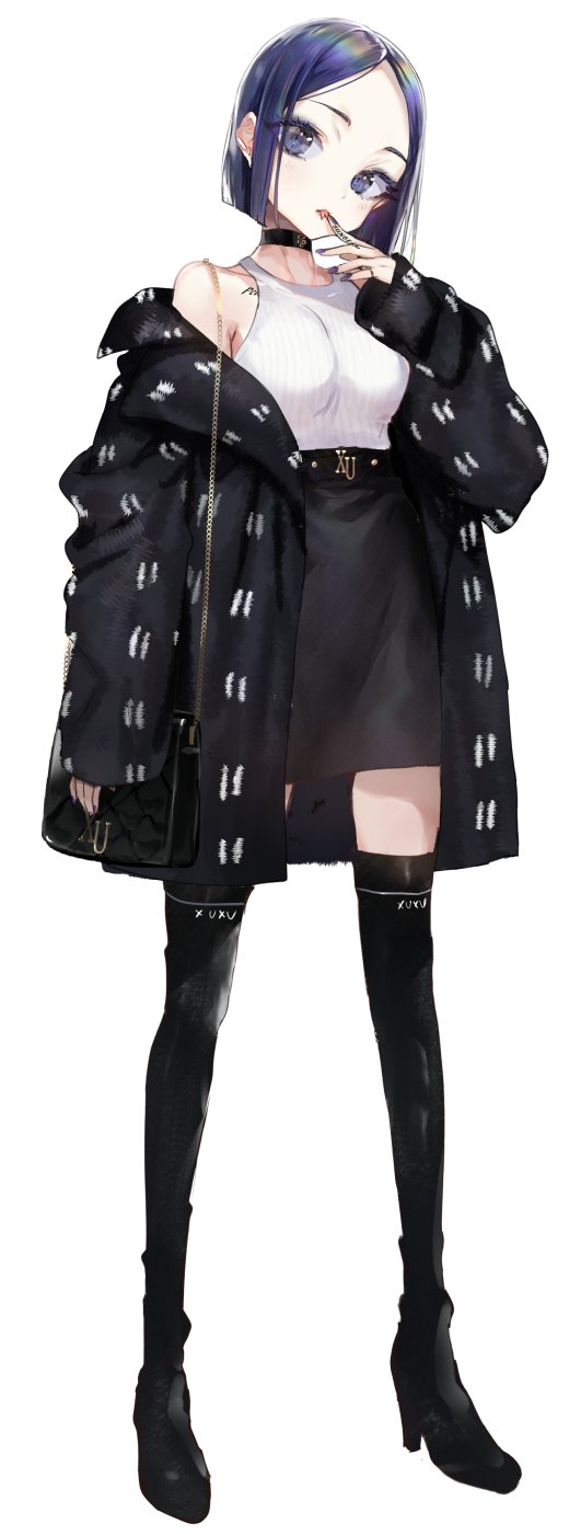 1girl, bag, belt, black_belt, black_boots, black_choker, black_coat, black_skirt, blue_eyes, blue_hair, boots, breasts, choker, coat, highres, holographic_hair, jewelry, long_sleeves, medium_breasts, nail_polish, nekometaru, off_shoulder, original, pencil_skirt, purple_nails, ring, shirt, short_hair, shoulder_bag, skirt, sleeveless, sleeveless_shirt, solo, thigh_boots, thighhighs, tongue, white_shirt