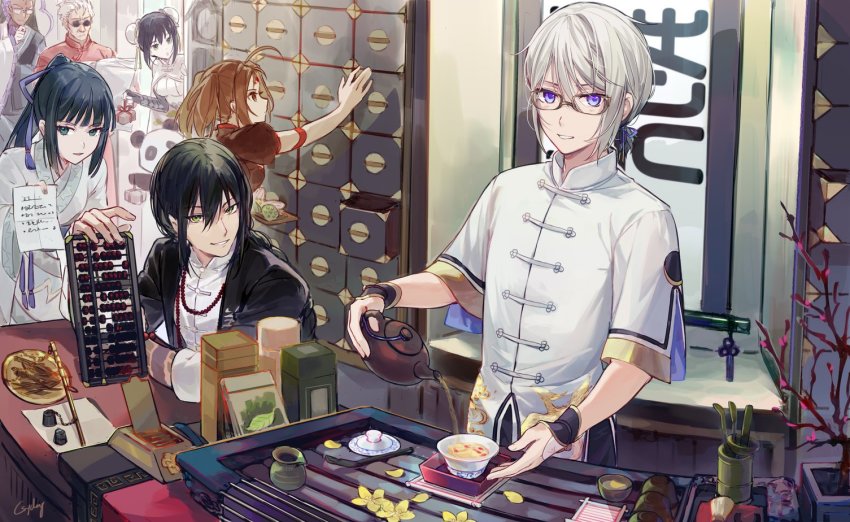 3girls, 4boys, abacus, ahoge, alternate_costume, alternate_hairstyle, animal, artist_name