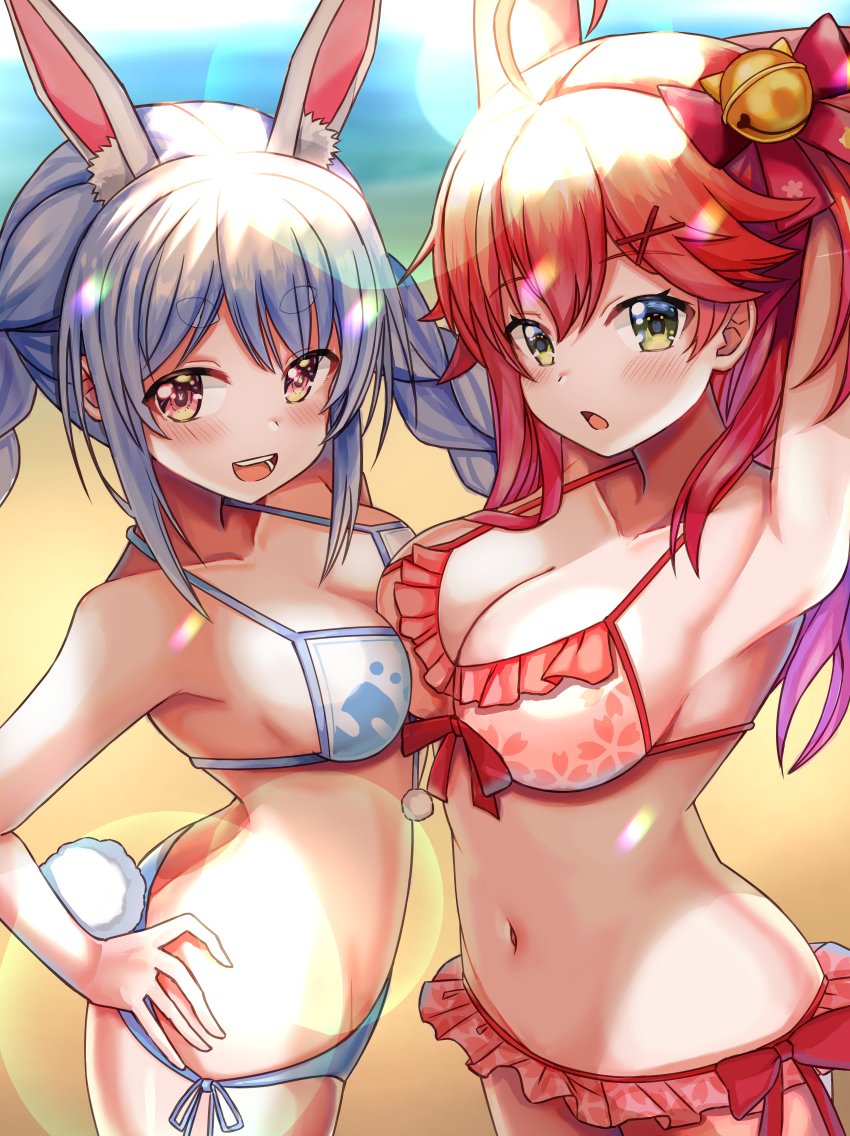 2girls, absurdres, ahoge, alternate_costume, animal_ear_fluff, animal_ears, arm_behind_head, arm_up