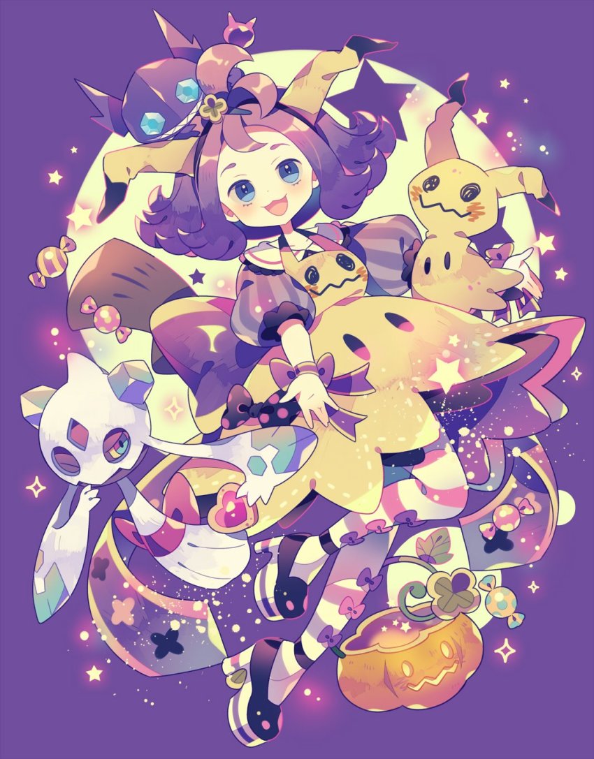 1girl, :3, :d, acerola_(pokemon), apron, blue_eyes, bow, candy