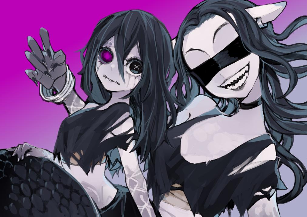 2girls, :d, :|, black_eyes, black_hair, black_nails, blindfold, bracelet, choker, claws, closed_mouth, crop_top, ear_piercing, fangs, heterochromia, identity_v, jewelry, legendofbaggage, long_hair, looking_to_the_side, multiple_girls, nail_polish, open_mouth, piercing, purple_eyes, scales, smile, snake_tail, tail, tattoo, torn_clothes, yidhra