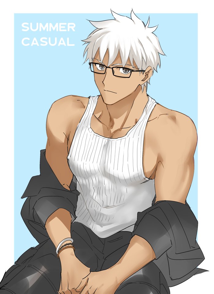 1boy, archer_(fate), archer_(summer_casual)_(fate), bracelet, brown_eyes, dark-skinned_male, dark_skin, emya