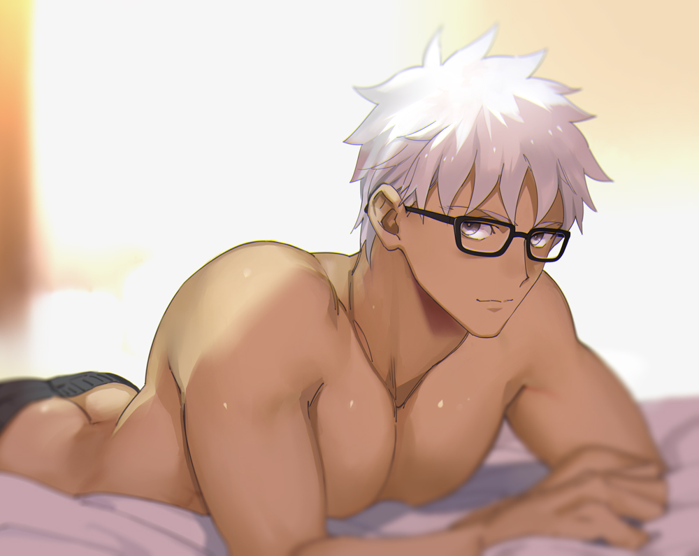 1boy, archer_(fate), archer_(summer_casual)_(fate), ass, butt_crack, dark-skinned_male, dark_skin, emya, fate/grand_order, fate/stay_night, fate_(series), glasses, grey_eyes, looking_at_viewer, lying, male_focus, on_stomach, pectorals, short_hair, solo, sunlight, topless_male, white_hair