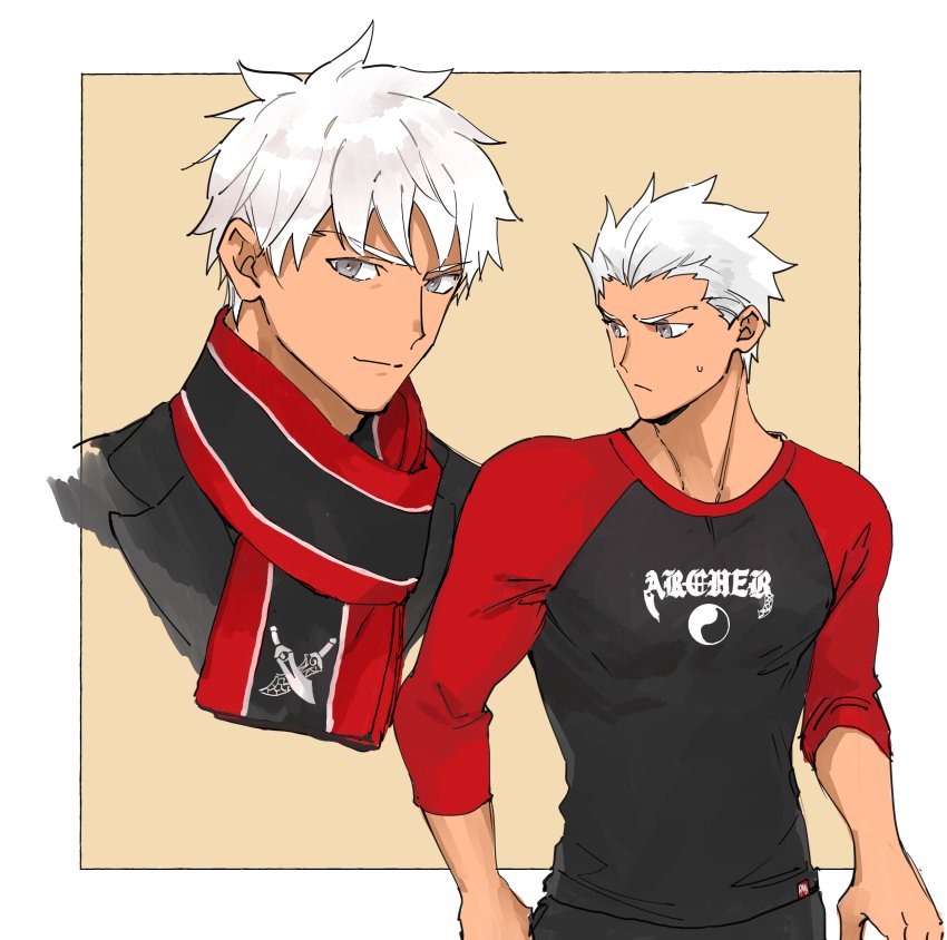 1boy, alternate_costume, alternate_hairstyle, archer_(fate), cropped_shoulders, dark-skinned_male, dark_skin, emya, fate/grand_order, fate/stay_night, fate_(series), grey_eyes, male_focus, multiple_views, pectorals, scarf, short_hair, spiked_hair, sweatdrop, white_hair