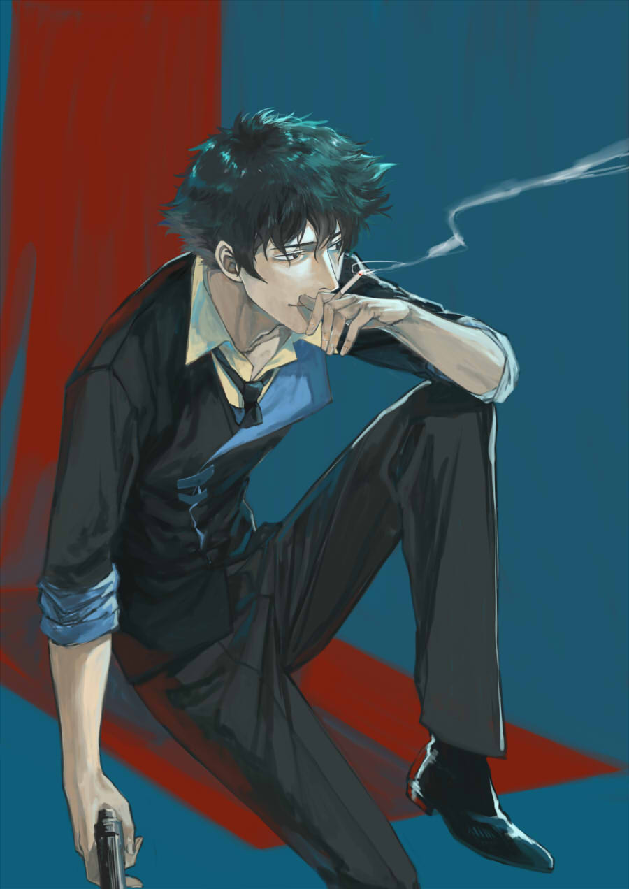 1boy, adam's_apple, black_footwear, black_necktie, cigarette, closed_mouth, collarbone, cowboy_bebop, fingernails, green_eyes, green_hair, gun, half-closed_eyes, highres, holding, holding_cigarette, holding_gun, holding_weapon, misamisa21, necktie, short_sleeves, sitting, smile, smoke, solo, spike_spiegel, weapon