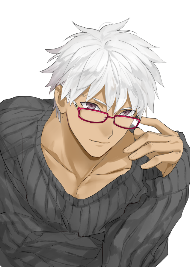 1boy, adjusting_eyewear, alternate_costume, alternate_hairstyle, archer_(fate), dark-skinned_male, dark_skin, emya