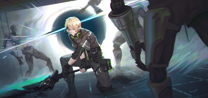 1boy, battle, black_footwear, black_gloves, blonde_hair, boots, closed_mouth, eyes_visible_through_hair
