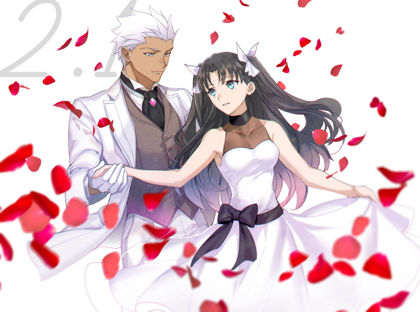1boy, 1girl, archer_(fate), breasts, brown_hair, ascot, dancing, dark_skin
