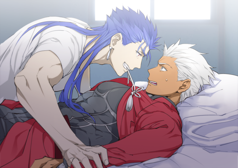 2boys, alternate_costume, archer_(fate), blue_hair, casual, couple, cu_chulainn_(casual_wear)_(fate), cu_chulainn_(fate)