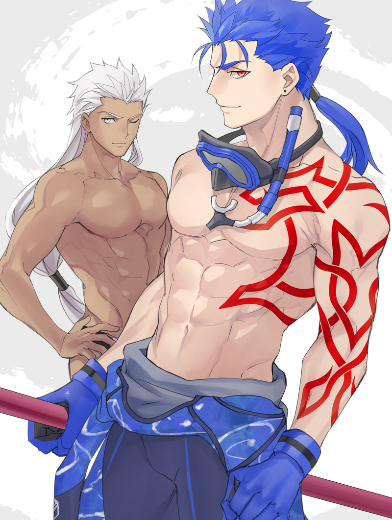 2boys, abs, alternate_costume, alternate_hairstyle, archer_(black_swimmer)_(fate), archer_(fate), blue_hair, cu_chulainn_(blue_diver)_(fate)