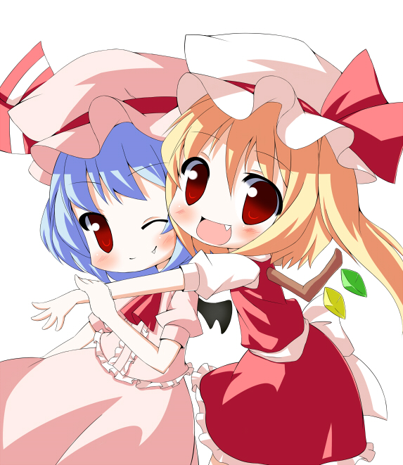2girls, :d, chibi, fang, female_focus, flandre_scarlet, hat, hug
