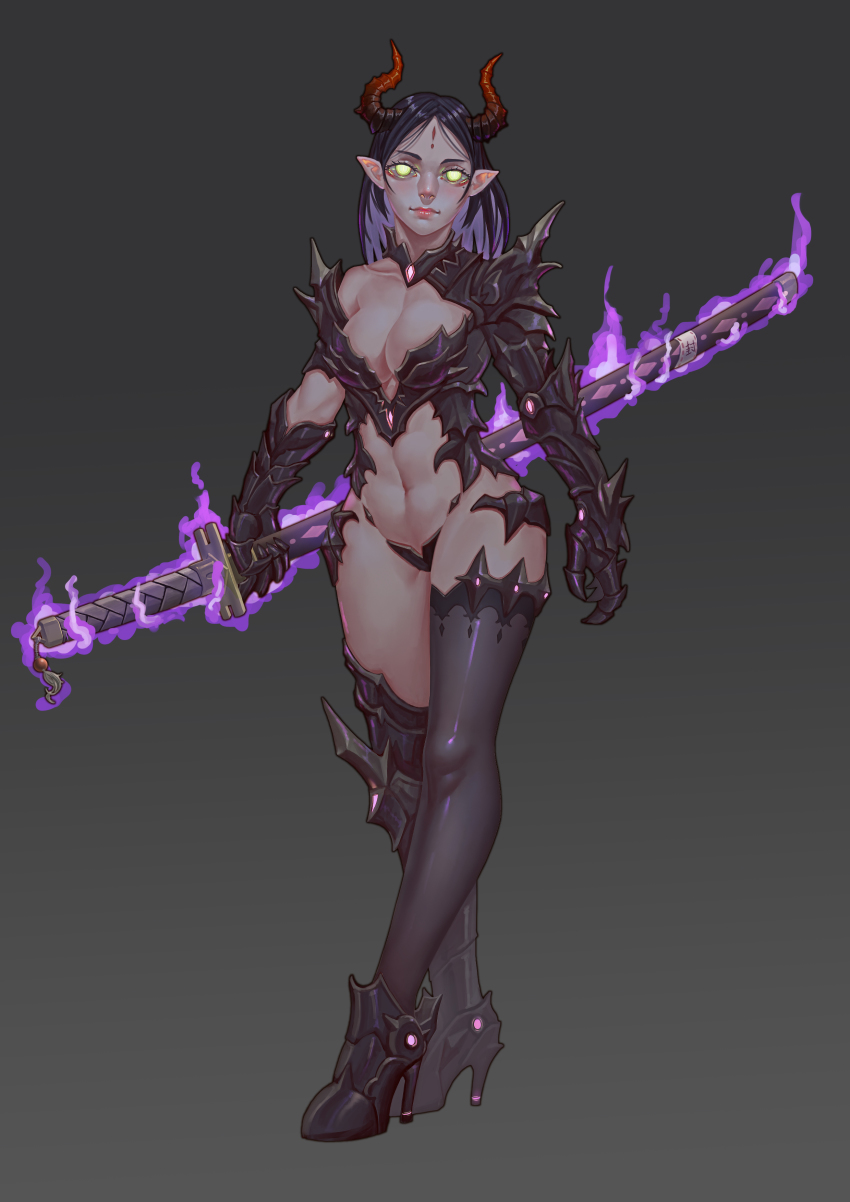 1girl, absurdres, armor, arms_at_sides, black_armor, black_hair, black_thighhighs, boots