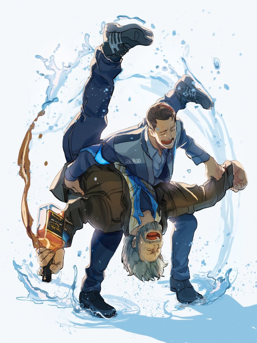 2boys, ^_^, bara, beard, blouse, blue_shirt, brown_hair, carrying