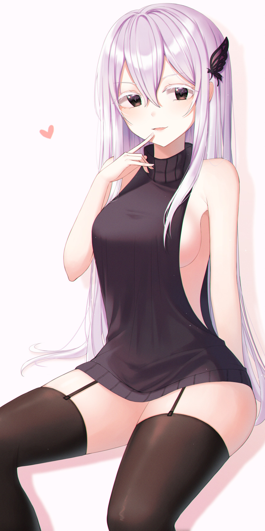1girl, absurdres, arm_behind_back, arm_support, bare_arms, bare_shoulders, black_sweater, black_thighhighs