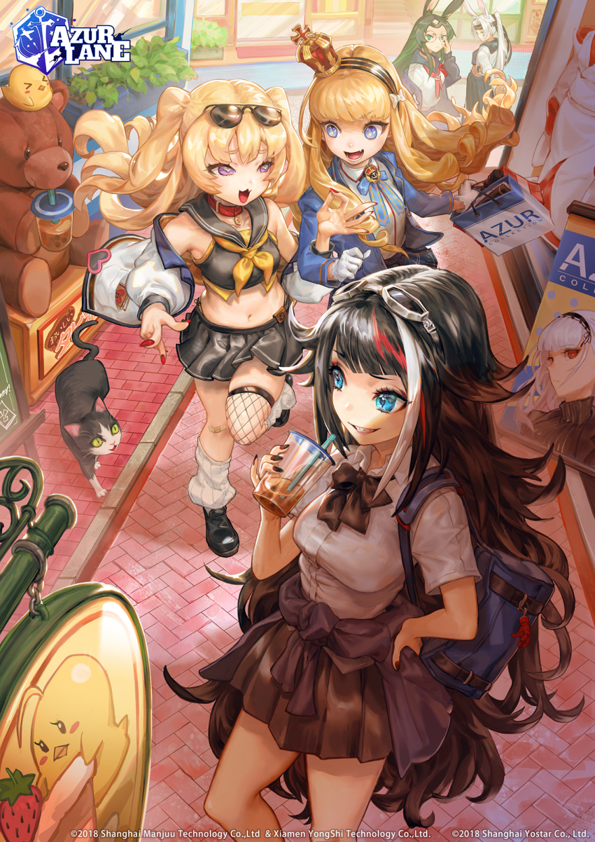 5girls, :d, adjusting_eyewear, alternate_costume, animal_ears, armband, azur_lane, b.c.n.y., bache_(azur_lane), bag, bandaid, bandaid_on_knee, bandaid_on_leg, bare_shoulders, black-framed_eyewear, black_cat, black_choker, black_footwear, black_gloves, black_hair, black_hairband, black_headband, black_nails, black_sailor_collar, black_shirt, black_skirt, blazer, blonde_hair, blue_eyes, blue_jacket, blue_neckwear, blue_skirt, blunt_bangs, bow, breasts, brick_floor, brown_neckwear, brown_skirt, bubble_tea, cameo, cat, chinese_commentary, choker, clothes_around_waist, collar, collarbone, collared_shirt, commentary, cowboy_shot, crop_top, crown, cup, delinquent, deutschland_(azur_lane), dido_(azur_lane), disposable_cup, english_commentary, eyewear_on_head, fang, fingerless_gloves, fishnet_legwear, fishnets, full_body, glasses, gloves, goggles, goggles_on_head, green_hair, grin, hair_between_eyes, hair_bow, hair_flaps, hair_intakes, hairband, hand_on_own_hip, headband, highres, hiryuu_(after_school_bullies)_(azur_lane), hiryuu_(azur_lane), holding, holding_bag, holding_cup, jacket, locked_arms, logo, long_hair, long_skirt, long_sleeves, looking_at_another, loose_socks, lower_teeth_only, manjuu_(azur_lane), medium_breasts, midriff, mini_crown, mixed-language_commentary, multicolored_hair, multiple_girls, nail_polish, navel, neck_ribbon, neckerchief, off-shoulder_jacket, off_shoulder, official_art, ok_sign, open_clothes, open_jacket, open_mouth, panties, parted_lips, plaid_clothes, plaid_skirt, plant, pleated_skirt, ponytail, potted_plant, purple_eyes, queen_elizabeth_(azur_lane), rabbit_ears, red_collar, red_hair, red_nails, ribbon, ringlets, road, round_eyewear, sailor_collar, school_uniform, serafuku, shadow, sharp_teeth, shirt, shoes, shopping_bag, short_sleeves, side-tie_panties, sign, single_thighhigh, skindentation, skirt, sleeveless, sleeveless_shirt, small_breasts, smile, socks, souryuu_(azur_lane), souryuu_(the_counselor_girl)_(azur_lane), standing, streaked_hair, street, striped_clothes, striped_hairband, stuffed_animal, stuffed_toy, sukeban, sunglasses, sweater, sweater_around_waist, teddy_bear, teeth, thighhighs, underwear, very_long_hair, watermark, white_bow, white_gloves, white_hair, white_jacket, white_legwear, white_shirt, yellow_neckwear