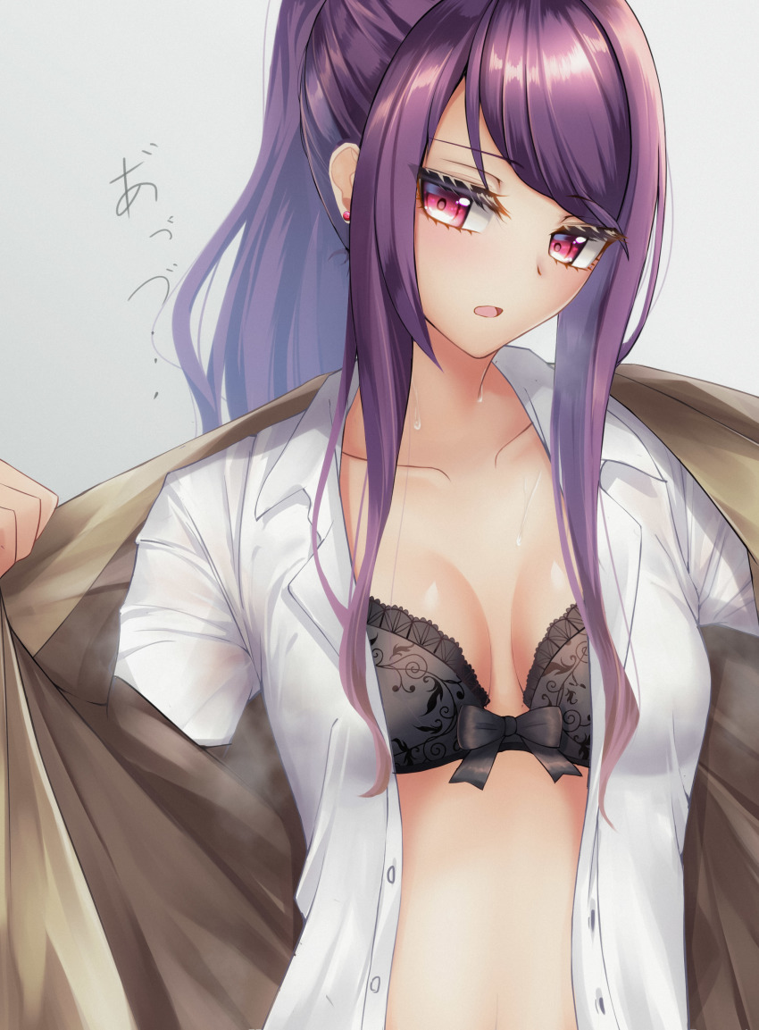 1girl, absurdres, bad_id, bad_pixiv_id, black_bra, bra, breasts, cleavage