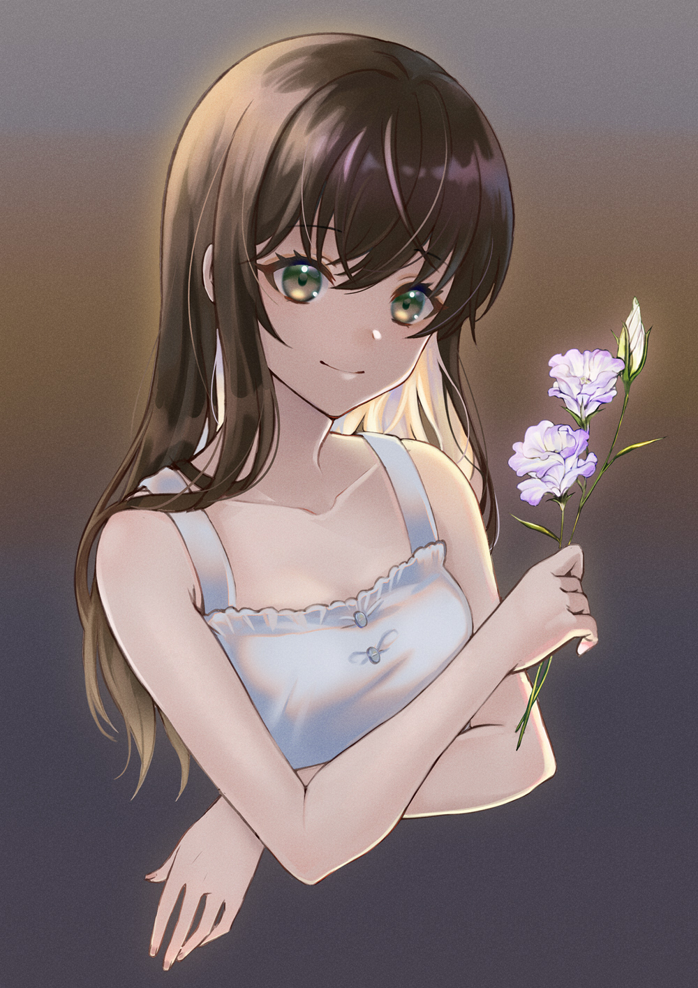 1girl, breasts, brown_hair, closed_mouth, collarbone, cropped_torso, dress, flower
