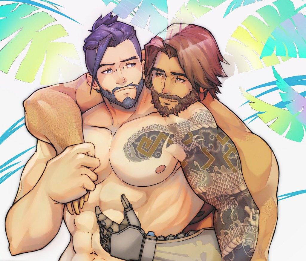 2boys, abs, alex_(cerealex), alternate_hair_color, arm_hair, bara, beard, brown_eyes