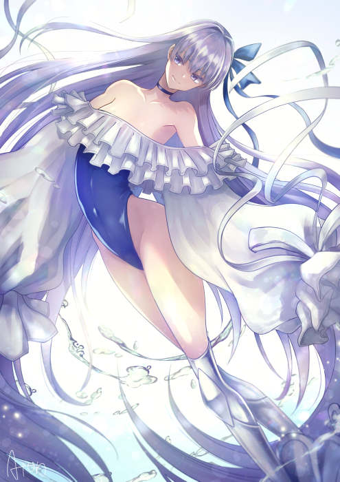 1girl, aion_kiu, armored_boots, bare_shoulders, blue_bow, blue_neckwear, blue_one-piece_swimsuit, boots