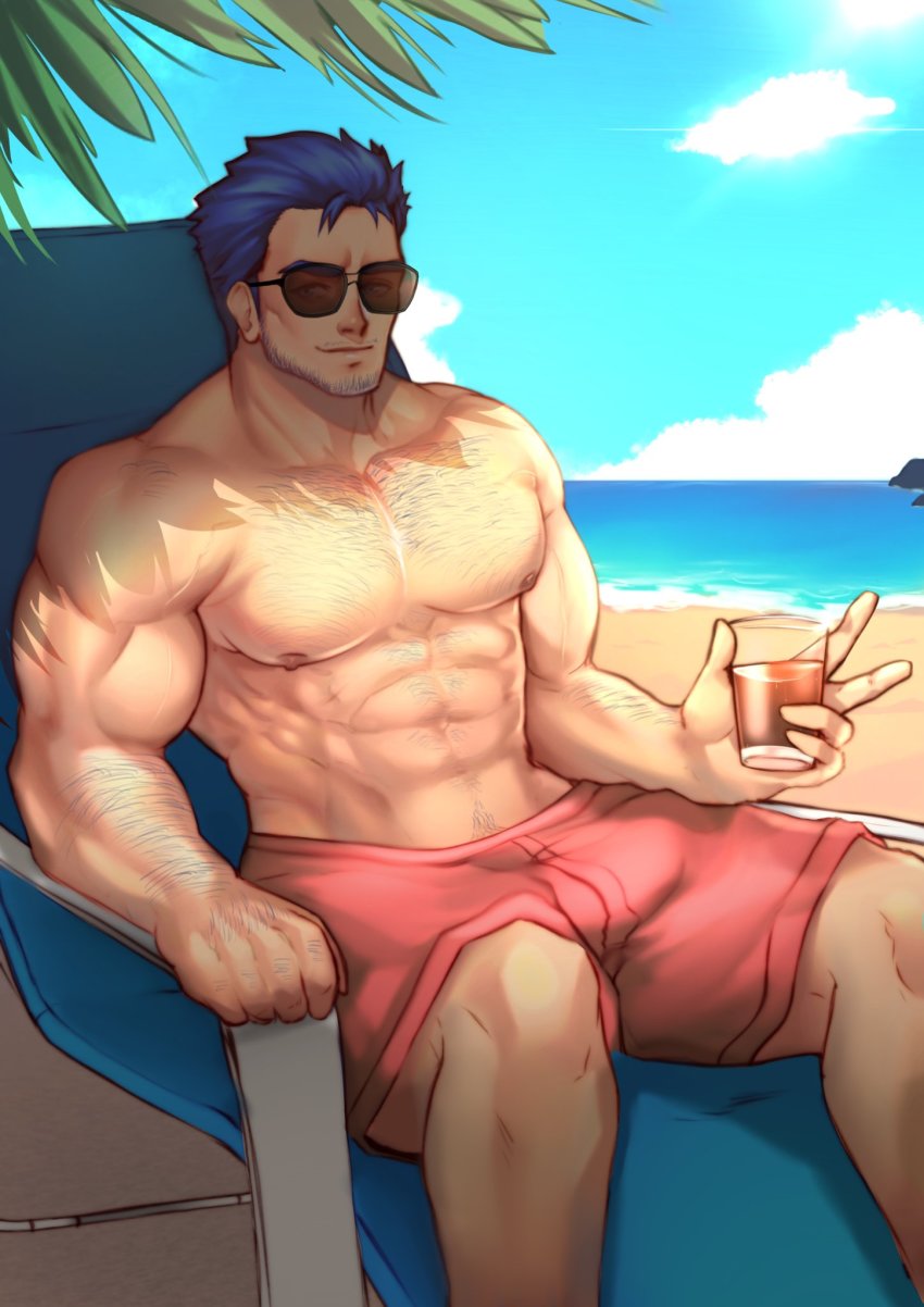1boy, abs, aged_up, alex_(cerealex), bara, beach, beard, blue_eyes
