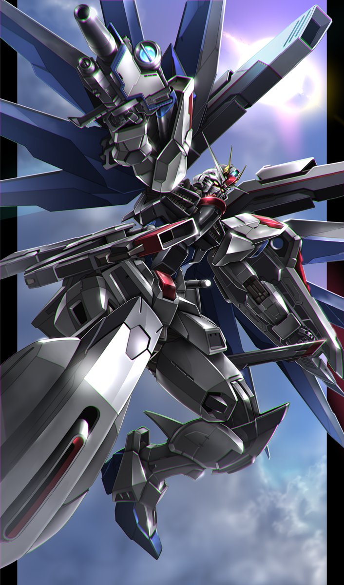beam_rifle, energy_gun, flying, freedom_gundam, from_below, gomibako_(shirokumatei), gun, gundam, gundam_seed, highres, holding, holding_gun, holding_weapon, looking_down, mecha, mechanical_wings, no_humans, robot, solo, v-fin, weapon, wings, yellow_eyes