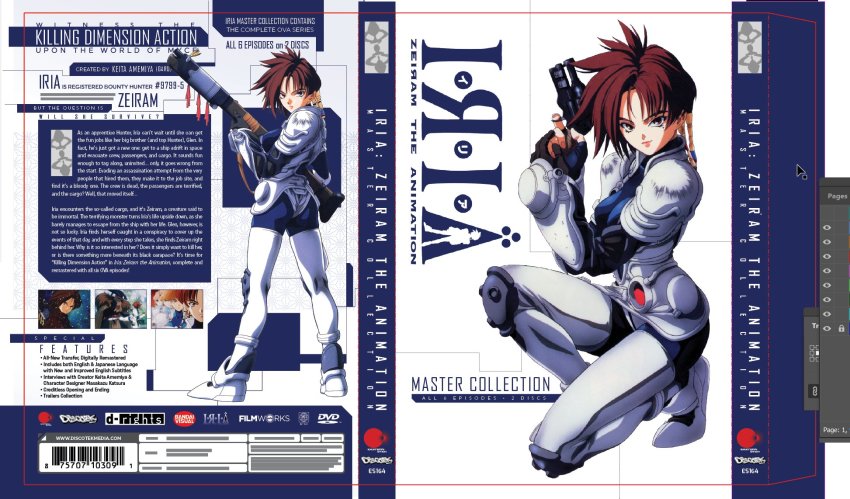 1990s_(style), 1girl, armor, asymmetrical_gloves, blu-ray_cover, blue_bodysuit, bodysuit, brady_hartel, brown_eyes, brown_hair, commentary, cover, english_commentary, english_text, fingerless_gloves, gloves, gun, highres, iria:_zeiram_the_animation, iria_(zeiram), mismatched_gloves, mole, mole_under_eye, official_art, retro_artstyle, rifle, single_fingerless_glove, solo_focus, spiked_hair, weapon, zeiram, zeiram_(series)