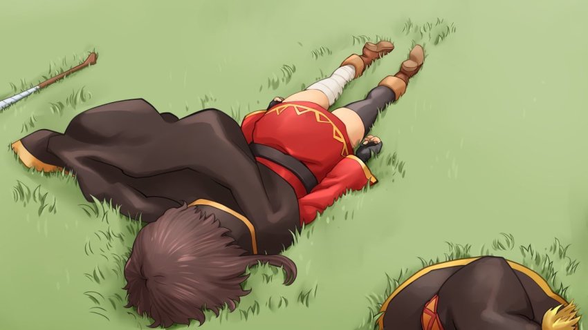 1girl, bandaged_leg, bandages, belt, black_belt, black_cape, black_hat, black_thighhighs, boots, brown_boots, brown_hair, cape, choten, dress, dutch_angle, face_down, fingerless_gloves, footwear_bow, gloves, grass, hat, headwear_request, kono_subarashii_sekai_ni_shukufuku_wo!, lying, megumin, on_stomach, red_dress, short_hair, single_thighhigh, solo, staff, thighhighs, unworn_hat, unworn_headwear, witch_hat, wooden_staff