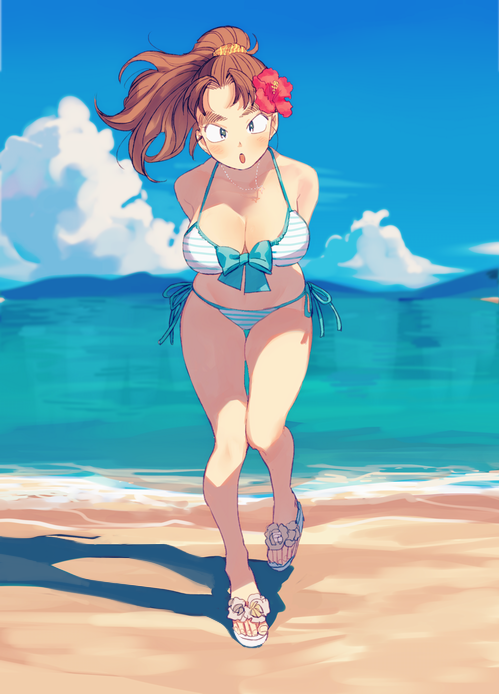 1girl, :o, aqua_bikini, aqua_bow, arms_behind_back, beach, bead_necklace, beads, bikini, blush, bow, bow_bikini, breasts, brown_hair, cleavage, cloud, day, eyebrows, flip-flops, flower, full_body, genderswap, genderswap_(mtf), hair_flower, hair_ornament, halterneck, hibiscus, jewelry, komatsuda_shuusaku, large_breasts, leaning_forward, long_hair, looking_at_viewer, necklace, ocean, outdoors, parted_bangs, ponytail, rakudai_ninja_rantarou, red_flower, sandals, shadow, side-tie_bikini_bottom, sky, solo, standing, standing_on_one_leg, string_bikini, swimsuit, thigh_gap, white_bikini, wind, yunion_(sibujya)