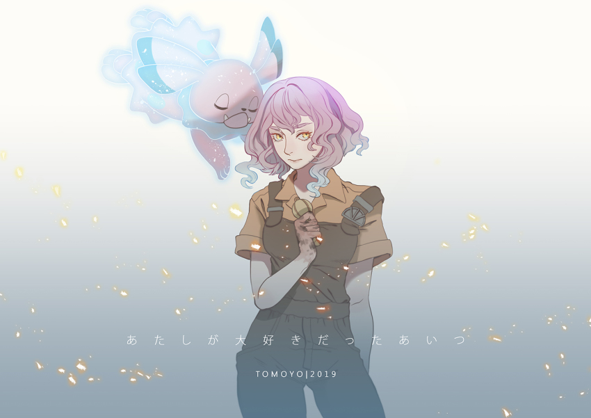 1girl, 2019, aged_down, arm_behind_back, artist_name, breasts, brown_overalls, brown_shirt