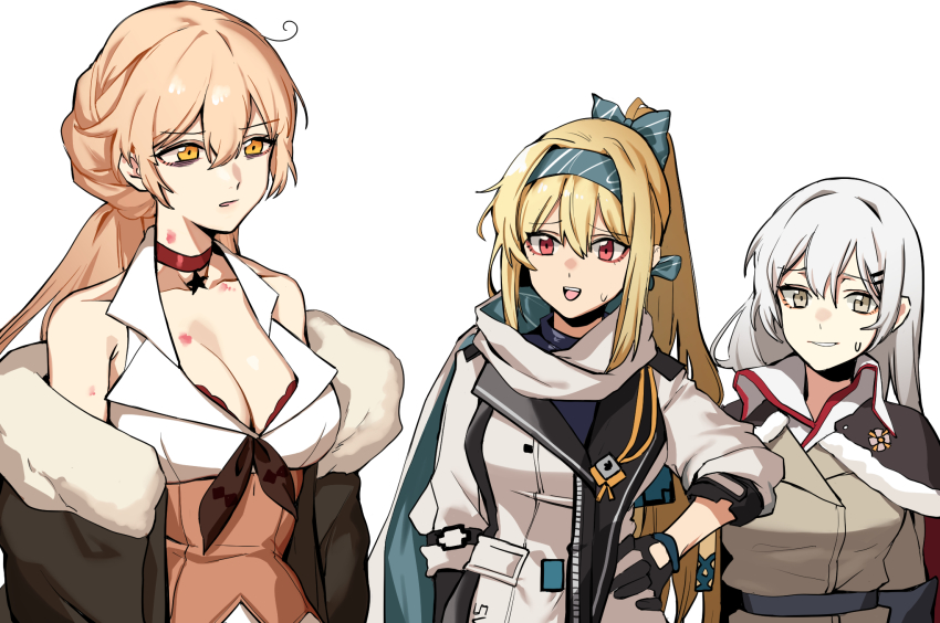 3girls, banssee, bare_shoulders, black_gloves, blonde_hair, blue_shirt, bra, braid