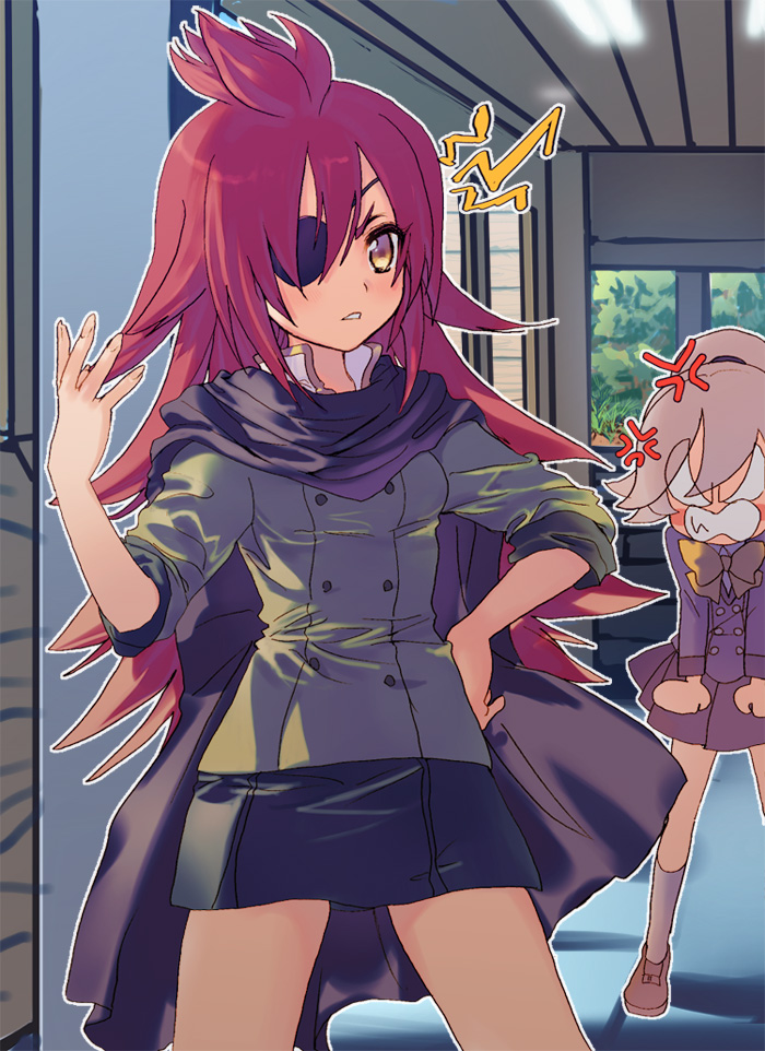 2girls, anger_vein, angry, blonde_hair, blush, cape, catherine_ruth, danball_senki, danball_senki_wars, eyepatch, forked_eyebrows, hair_between_eyes, long_hair, multiple_girls, okita_hinako, pleated_skirt, red_hair, school_uniform, skirt, spiked_hair, yellow_eyes, yoyoyotto