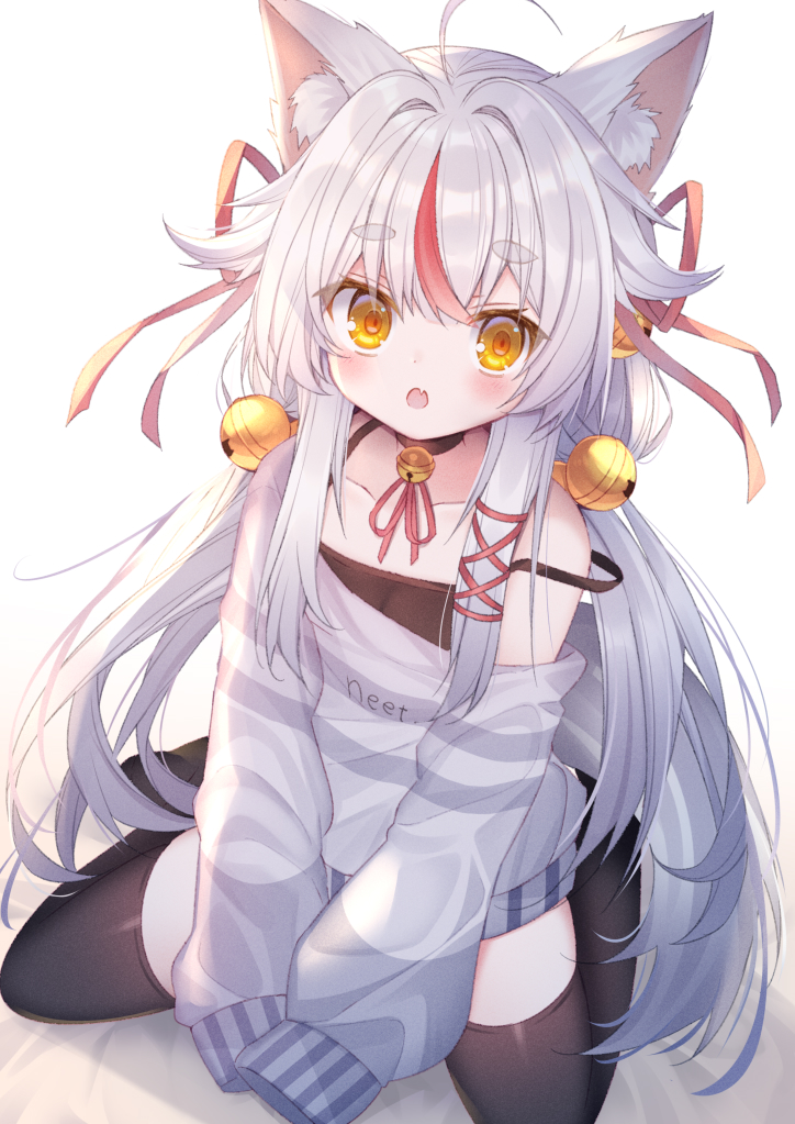 1girl, :o, ahoge, animal_ear_fluff, animal_ears, bare_shoulders, bell, between_legs